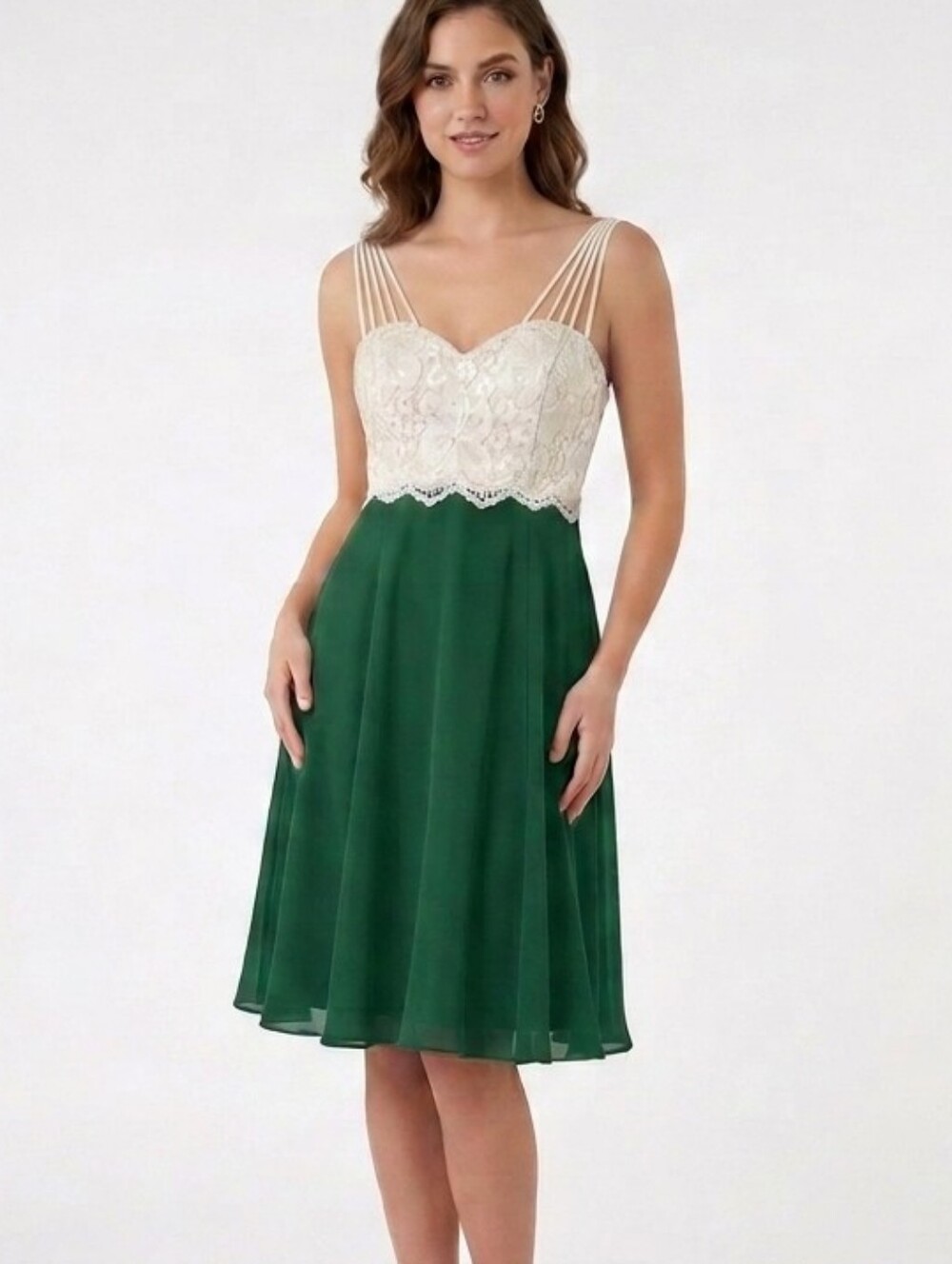 Lace Bodice Spaghetti-Strap Dress in Cream and Green